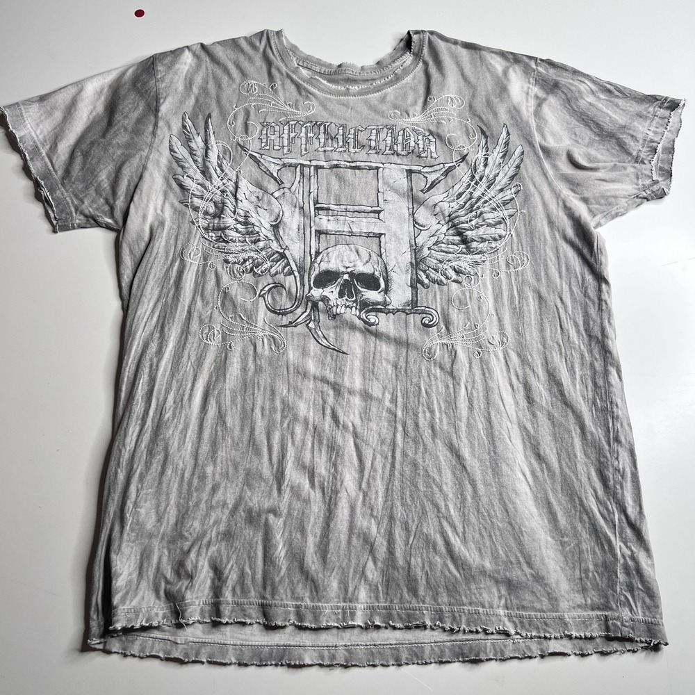 Affliction Skull Wings Cross Graphic T-Shirt Grey Mineral Wash Distressed XL